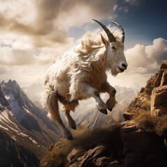 Obraz na płótnie Canvas A majestic mountain goat skillfully balances on the edge of a steep cliff against a dramatic sky