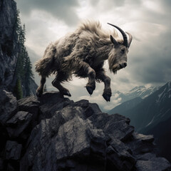 An agile mountain goat leaping between rocky outcrops in a misty mountainous landscape