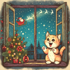 Kitten Sees Santa At Sky In Christmas