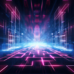 Fototapeta na wymiar Digital grid with blue and pink neon lights presenting a futuristic matrix-like design in a virtual space