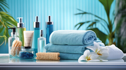Fototapeta na wymiar Bathroom with blue towels