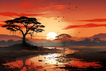 Gordijnen Africa background, giraffe in the savannah, tree in the savannah © fadi