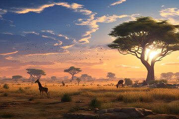 Fototapeta na wymiar Africa background, giraffe in the savannah, tree in the savannah