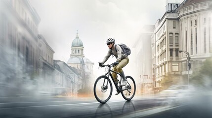 a man riding a bicycle on a street with buildings in the background