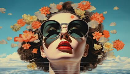 A portrait of a young woman with red lips and large sunglasses, adorned with flowers, against a blue sky and clouds.