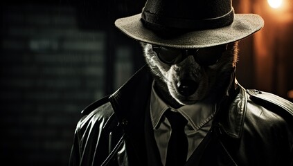 A wolf in a hat and coat stands in the rain in a nighttime city, creating a detective image.