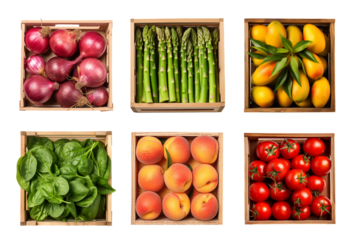 Vegetables and fruits in the wood box on background isolated, close up collection of organic fresh fruits and vegetables for healthy food, well being theme