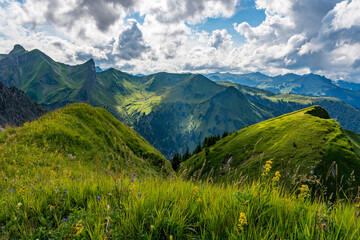 Fototapeta premium Mountain tour to the Tobermann summit in Vorarlberg Austria from Schoppernau