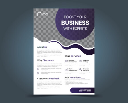 Creative business flyer design template for business advertisement in purple white color and gradient tone vector illustration 100 percent editable flyer design in A4 size .