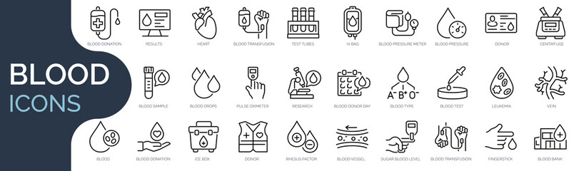 Set of outline icons related to blood. Linear icon collection. Editable stroke. Vector illustration - obrazy, fototapety, plakaty