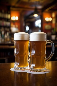 Two mugs of beer with foam frothy heads on wooden table in an English pub background, exuding a warm and inviting atmosphere.