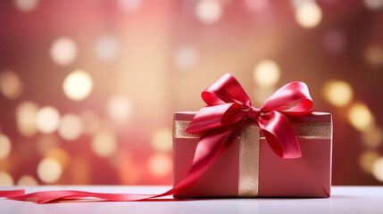 Caja de regalo con lazos rojos sobre una mesa en horizontal con fondo luminoso de fiesta de navidad