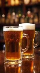 Two mugs of beer with foam frothy heads on wooden table in an English pub background, exuding a warm and inviting atmosphere.