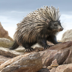 Crested porcupine walking over rocks. generative ai
