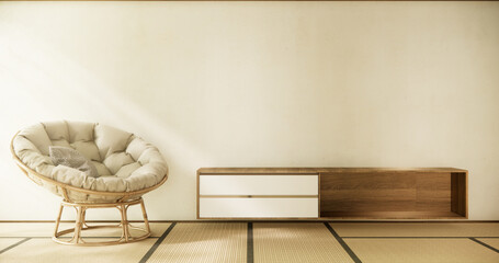 Wooden Arm chair and partition japanese on room tropical interior.