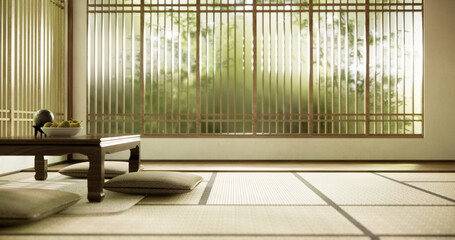 low table and pillow on wooden .floor room japan style.