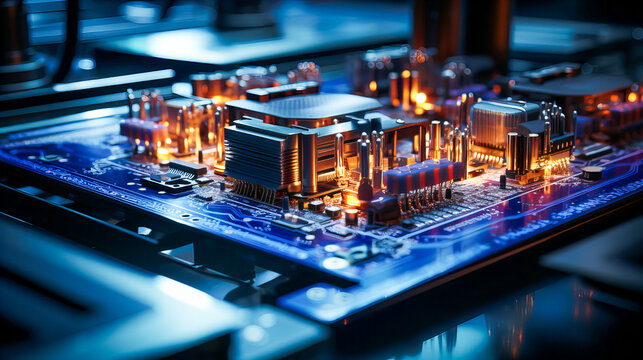 Electronic circuit board close-up with microchips and electronic components in a modern factory. Selective focus. 3d rendering toned image. Generative AI technology