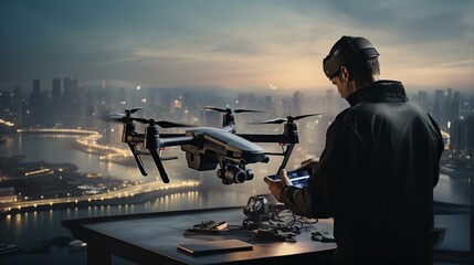 a man standing in front of a drone flying over a city - obrazy, fototapety, plakaty