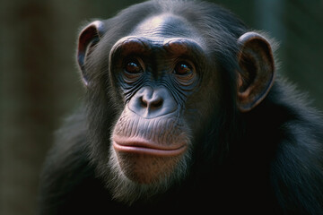 A chimpanzee portrait embodies expressiveness and closeness to humans. His intelligent look and expressive eyes convey emotion and wisdom.