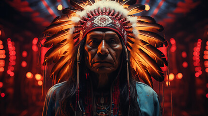 Stern native american chief in traditional feather headdress with moody backlighting. Generative AI