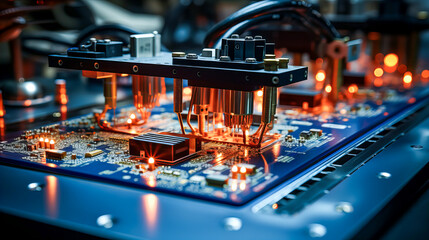 Electronic circuit board close-up with microchips and electronic components in a modern factory. Selective focus. 3d rendering toned image. Generative AI technology