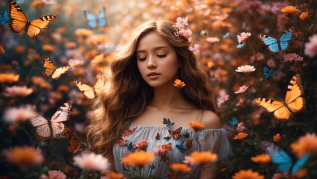 Portrait of a girl in the forest with butterflies