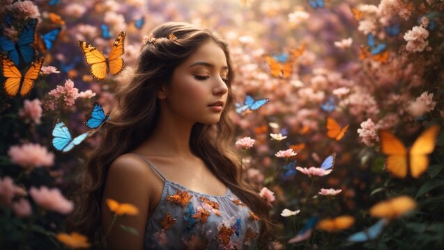 Portrait of a girl in the forest with butterflies