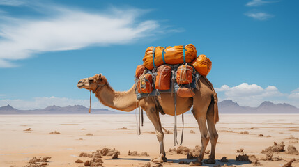 Packed camel standing in vast desert under blue sky. Generative AI