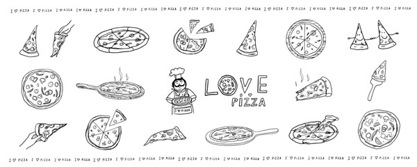 Big set of pizza, Italian cuisine, slice of pizza and satisfied cook. Pizza time. Pizza lover. Doodle style. Hand drawn. Great for menu design, banners, sites, packaging. Vector illustration EPS10