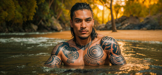  A māori Man with a Chest Tattoo by the Ocean. - obrazy, fototapety, plakaty