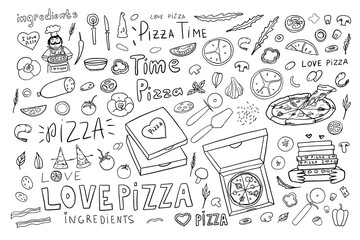 Big set of pizza, Italian cuisine, pizza ingredients, pizza box and lettering. Doodle style. Hand drawn. Great for menu design, banners, sites, packaging. Vector illustration EPS10