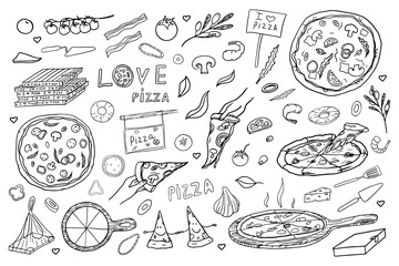 Cute set of pizza, Italian cuisine, pizza ingredients, slice of pizza, pizza box. I love pizza. Doodle style. Hand drawn. Great for menu design, banners, sites, packaging. Vector illustration EPS10