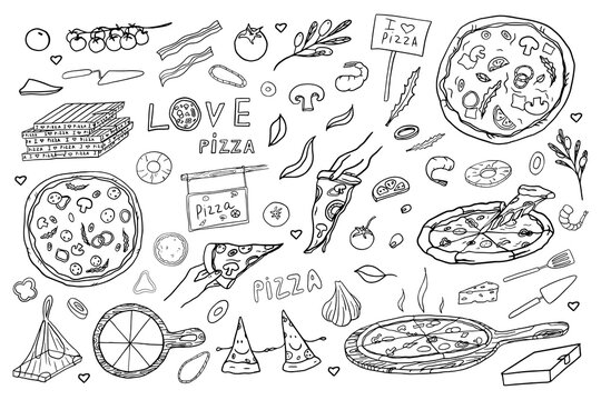 Cute set of pizza, Italian cuisine, pizza ingredients, slice of pizza, pizza box. I love pizza. Doodle style. Hand drawn. Great for menu design, banners, sites, packaging. Vector illustration EPS10