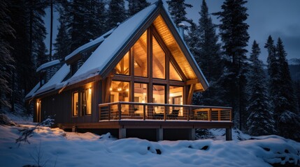 A cozy, illuminated A-frame cabin in a snowy forest during dusk, exuding warmth in the cold winter landscape.