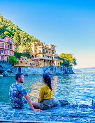 Beautiful sea coast with colorful houses in Portofino Italy Europe Portofino in Liguria Genoa...