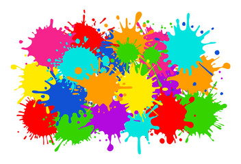 Bright colorful banner. Horizontal banner with colorful paint spots and splashes. Colorful blots, multicolored splash spray paints. Vector illustration