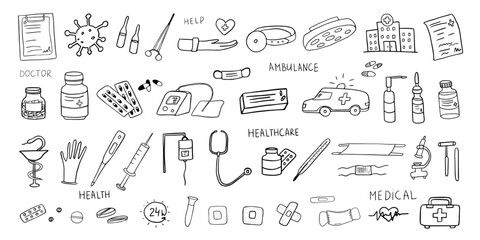 Trendy set of healthcare and medicine vector illustration. Hand drawn. Doodle style. Health, pill, pharmacy, ambulance, doctor, help