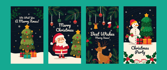 Poster and Story Reels Social Media vertical merry christmas celebration with illustration of santa claus and snowman vector collection for happy new year  2024
