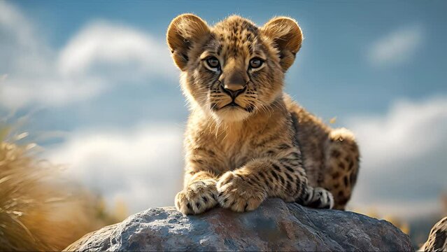 lion cub sitting on top of a rock in a field of grass. Created with generative AI.	