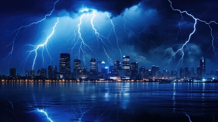 Dramatic nighttime cityscape, silhouetted buildings, and bolts of lightning illuminating the electric blue backdrop.
