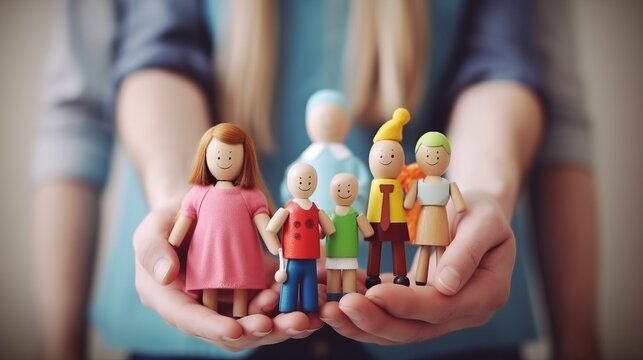 Family bonding through play: Miniature doll toy family cradled in human hands. A heartwarming love, protect, family insurance and secure concept, capturing the essence of care, and connection.