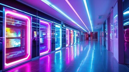Fototapeta na wymiar Futuristic corridor with sleek metallic walls, polished reflective floor, and vibrant neon lights. Holographic displays showcase advanced technology