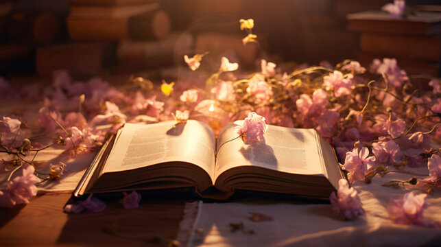 An Open Book With Flowers Coming Out Of It On A Table