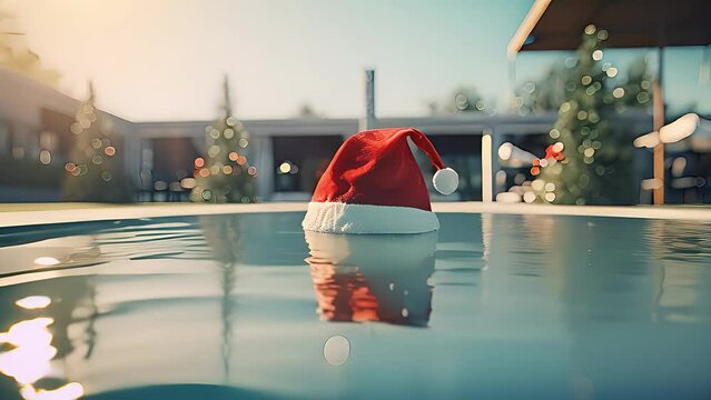 Christmas hat by the swimmingpool. Created with Generative AI.	
