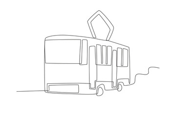 A tramway drove on the track. Tram one-line drawing