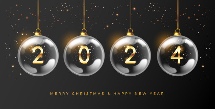 2024 New Year elegant card design in gold and black colors - 2024 numbers in transparent balls hanging, flying golden confetti. Perfect for holiday greetings, invitations, Christmas and New Year party