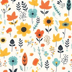 Fototapeta premium Children's Colorful Floral Doodle: Seamless Pattern Wallpaper 