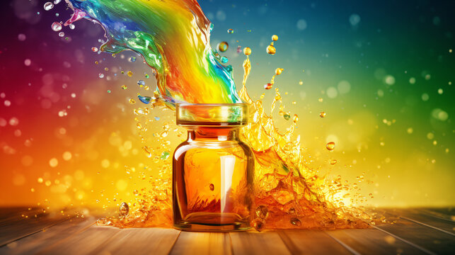 A yellow liquid splashing out of a bottle