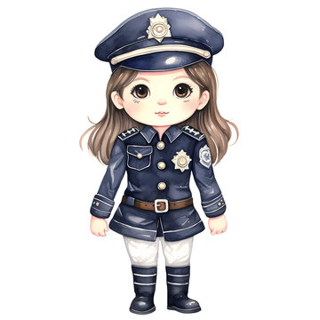 Cute Police Girl Watercolor Clipart Illustration