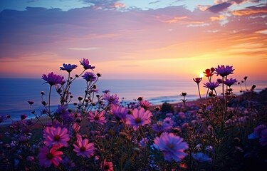Flowers at sunset with colorful sky in the background